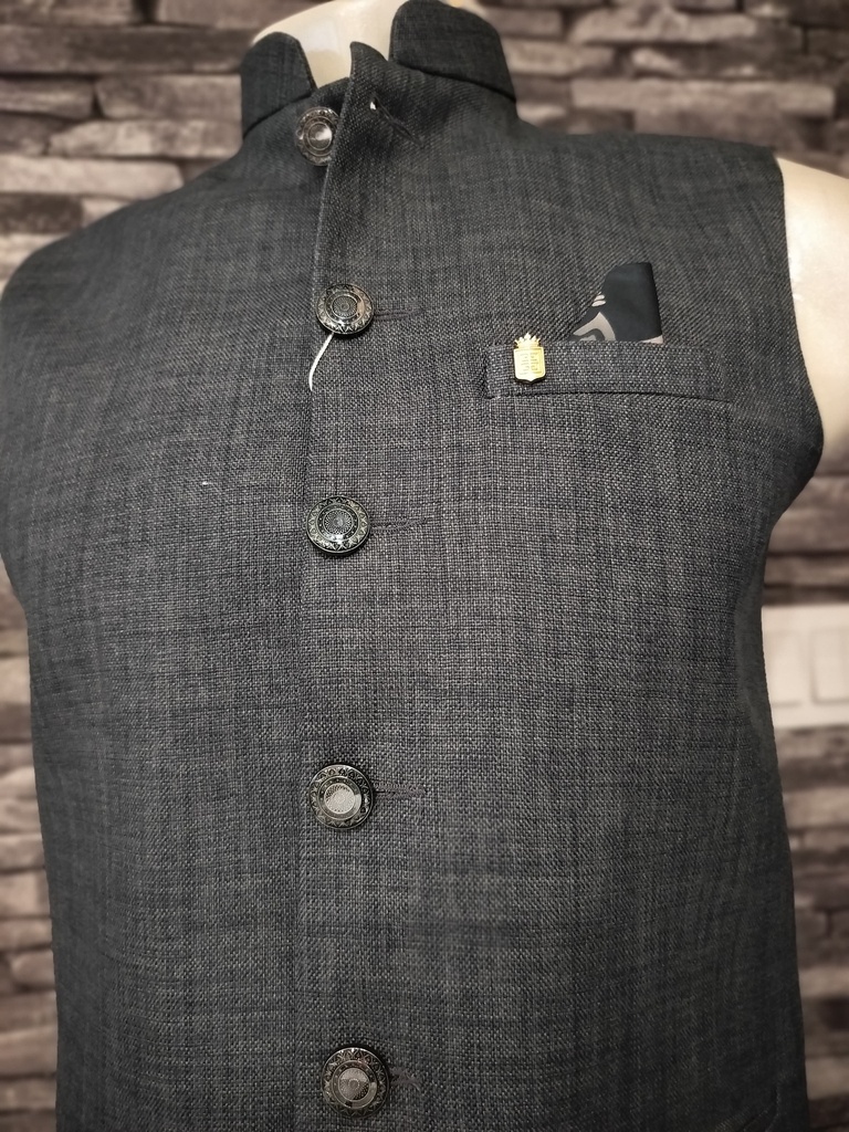 Bandhgala Formal matty fabric Solid Waistcoat - Dark Grey
