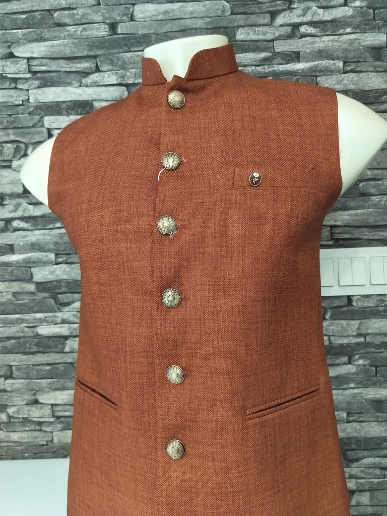 Bandhgala Formal matty fabric Solid Waistcoat - Brick Brown