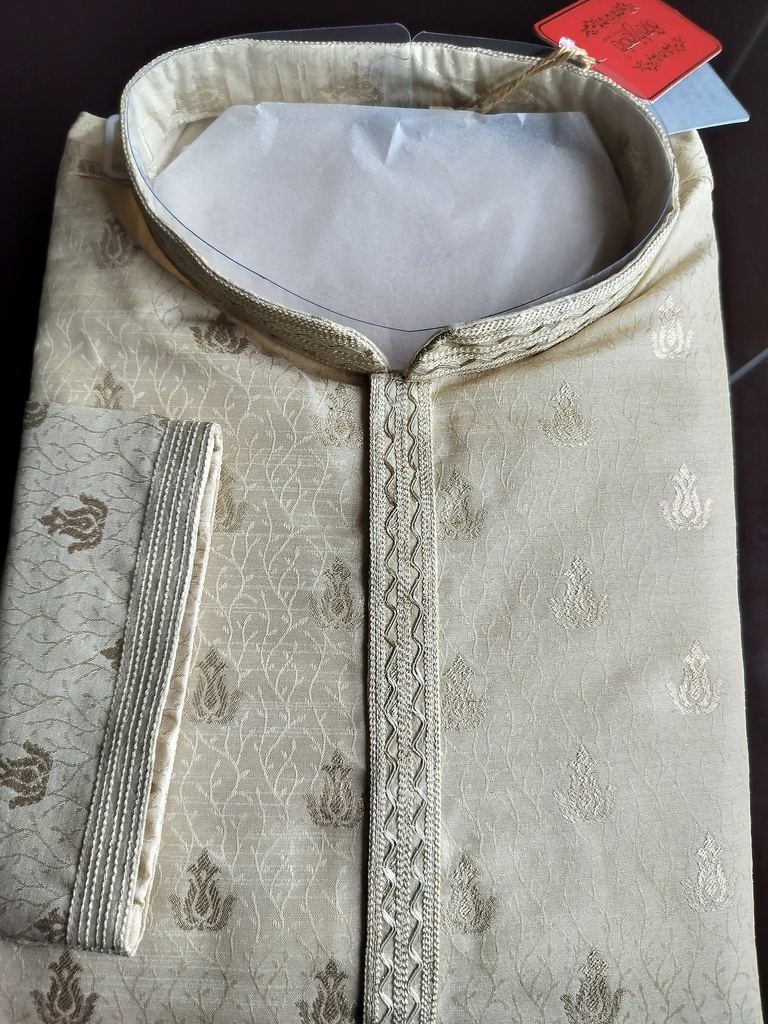 Silk Sequence Embroidery Long Kurta with Astar Fabric - Cream Gold
