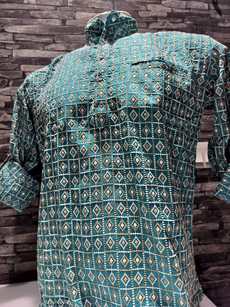 Short Kurta With Embroidery Tribal Print - Aqua Green