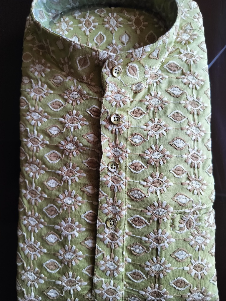 Short Kurta With Embroidery Tribal Print - Pastel Green Gold