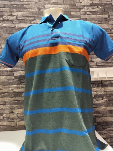 [Striped_Matty_Finish_Polo_Tshirt_GreenBlue#M] Striped Matty Finish Cotton Polo T-shirt - Green Blue