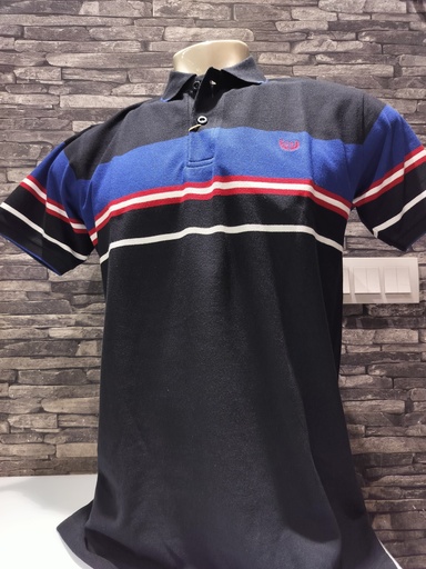 [Striped_Matty_Finish_Polo_Tshirt_BlackBlueRed#L] Striped Matty Finish Cotton Polo T-shirt - Black Blue Red