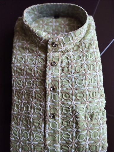 [Short_Kurta_PistaGreenGold#40] Short Kurta With Embroidery Tribal Print - Pista Green Gold